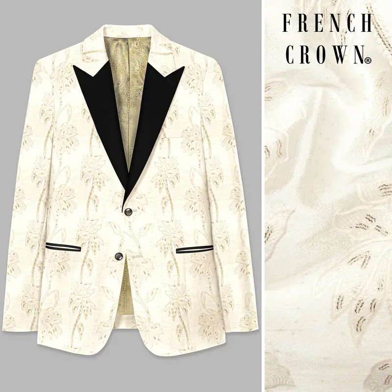 Bright White Designer Sequin And Thread Embroidered Peak Lapel Tuxedo Blazer 1