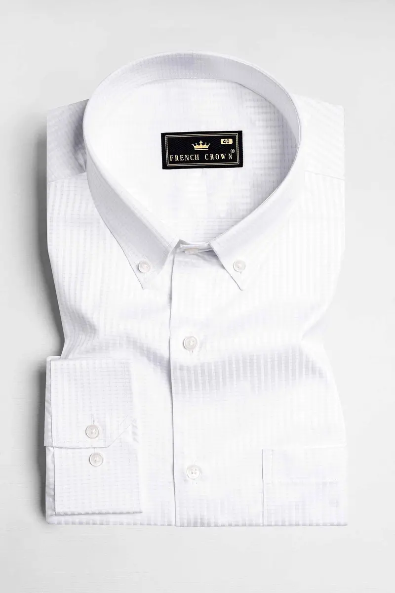 Bright White Dobby Textured Premium Giza Cotton Button Down Shirt 4