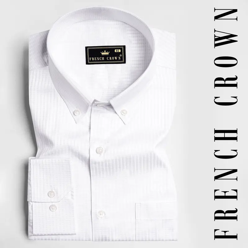 Bright White Dobby Textured Premium Giza Cotton Button Down Shirt 5