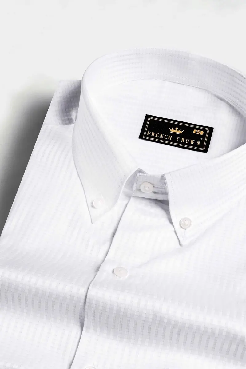 Bright White Dobby Textured Premium Giza Cotton Button Down Shirt 8