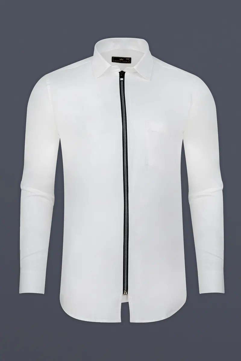 Bright White Dobby Textured Premium Giza Cotton Designer Overshirt With Zipper Closure 1