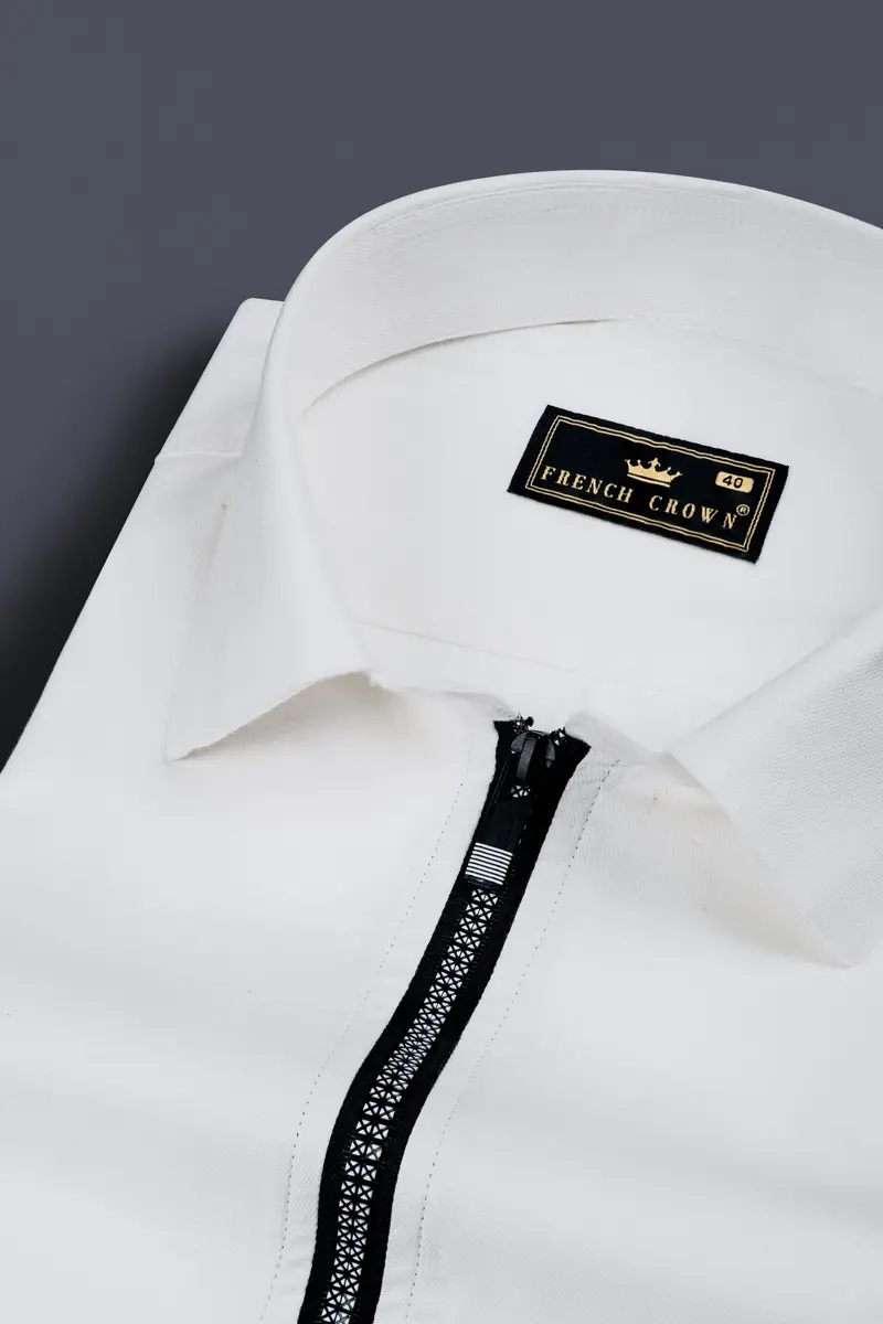 Bright White Dobby Textured Premium Giza Cotton Designer Overshirt With Zipper Closure 3