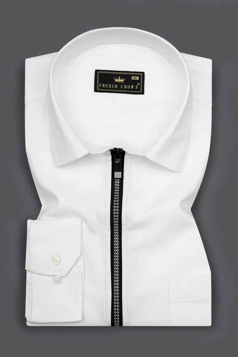 Bright White Dobby Textured Premium Giza Cotton Designer Overshirt With Zipper Closure 4