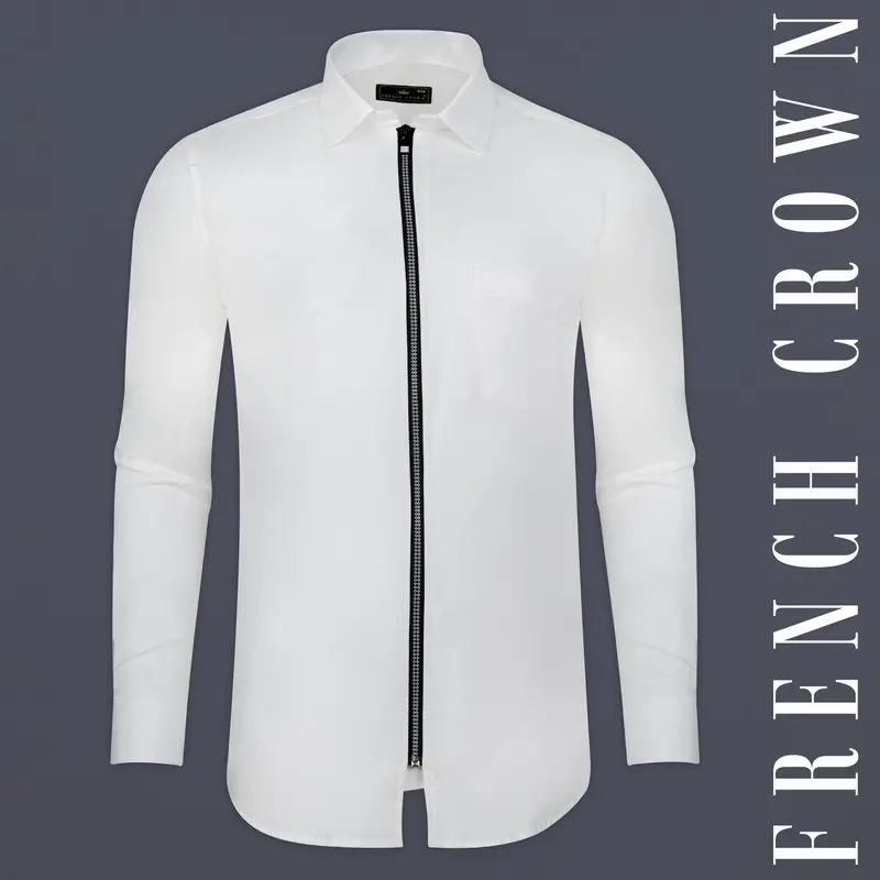 Bright White Dobby Textured Premium Giza Cotton Designer Overshirt With Zipper Closure 5