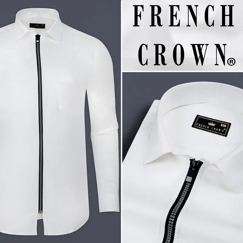 Bright White Dobby Textured Premium Giza Cotton Designer Overshirt With Zipper Closure 7