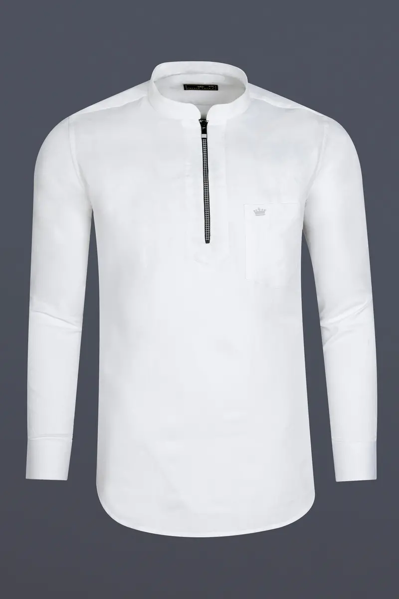 Bright White Dobby Textured Premium Giza Cotton Shirt With Zipper Closure 1
