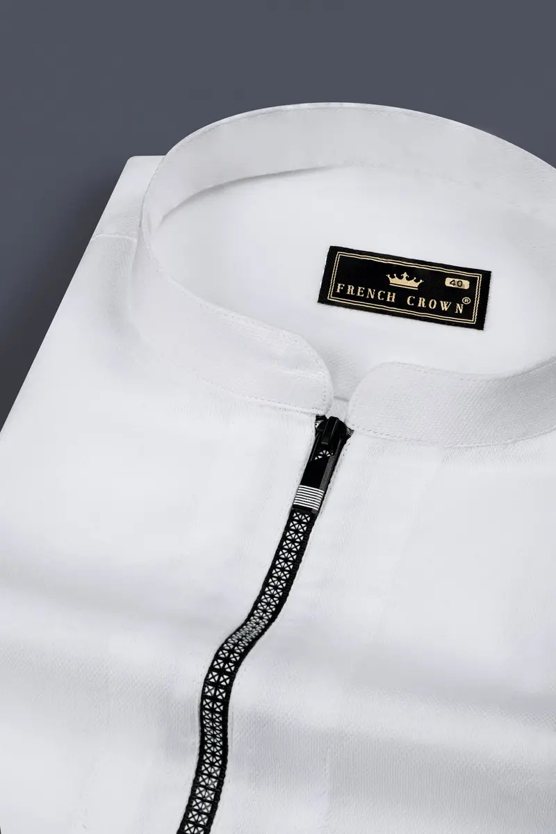 Bright White Dobby Textured Premium Giza Cotton Shirt With Zipper Closure 3
