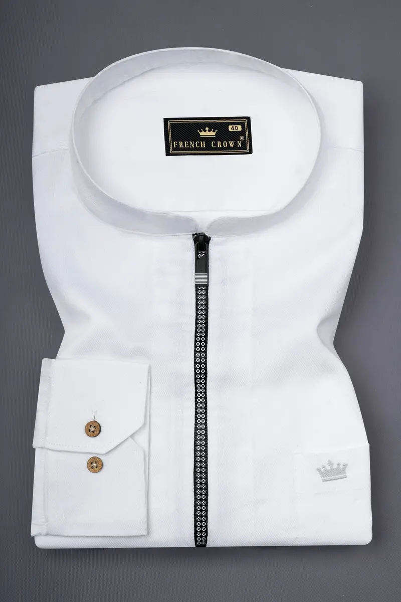 Bright White Dobby Textured Premium Giza Cotton Shirt With Zipper Closure 4