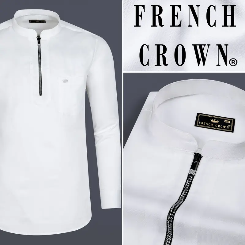 Bright White Dobby Textured Premium Giza Cotton Shirt With Zipper Closure 8