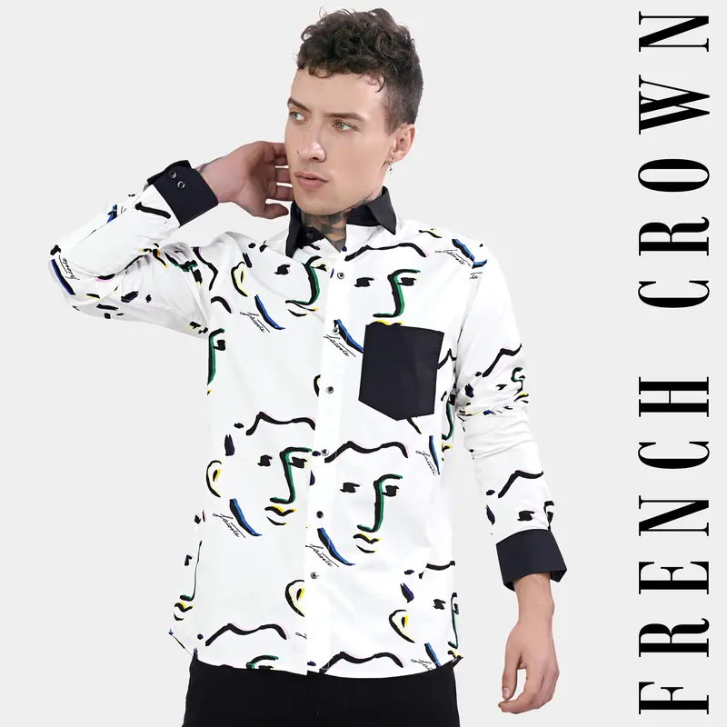 Bright White Faces Printed With Black Cuffs And Collar Premium Cotton Shirt 1