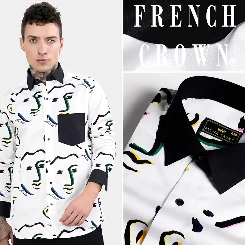 Bright White Faces Printed With Black Cuffs And Collar Premium Cotton Shirt 11