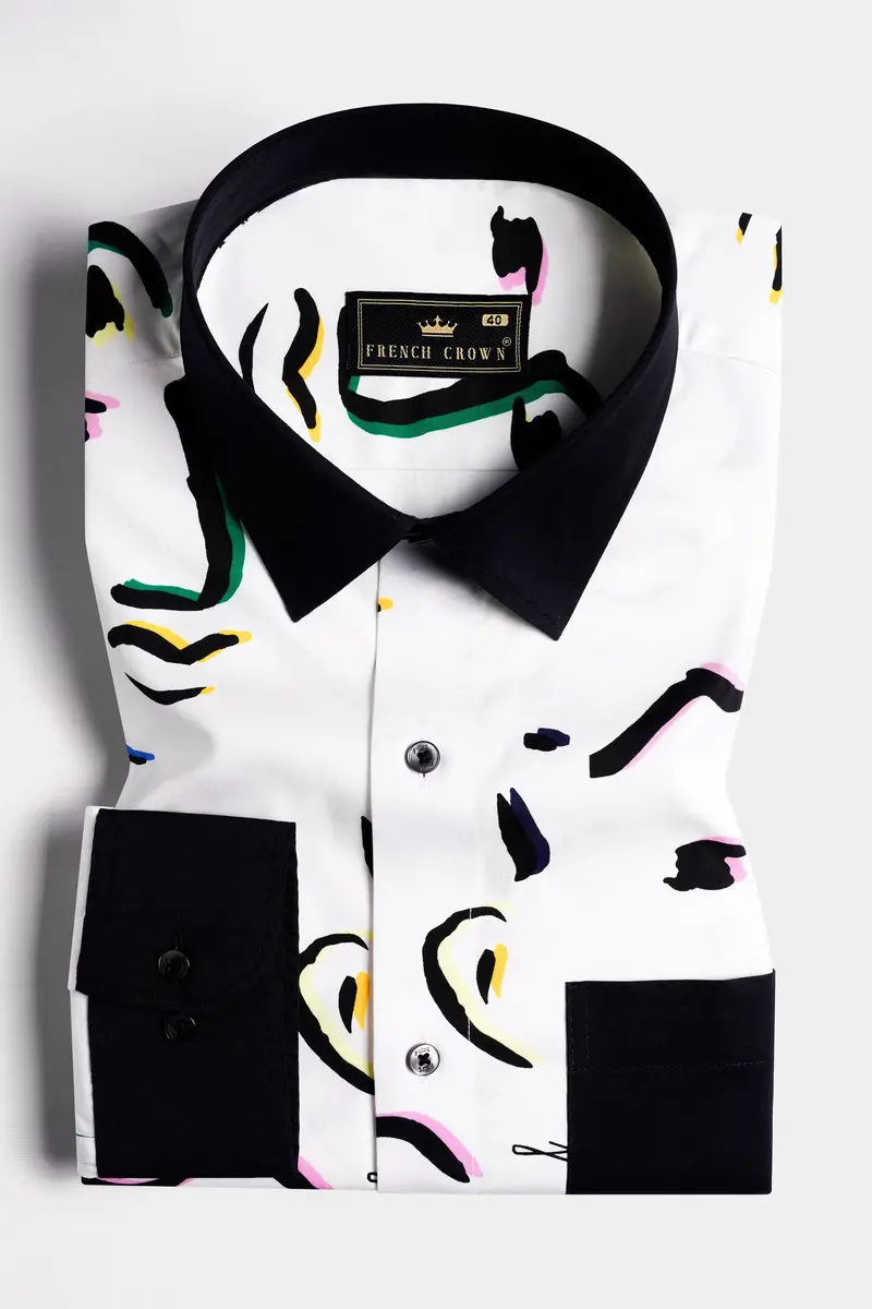 Bright White Faces Printed With Black Cuffs And Collar Premium Cotton Shirt 2