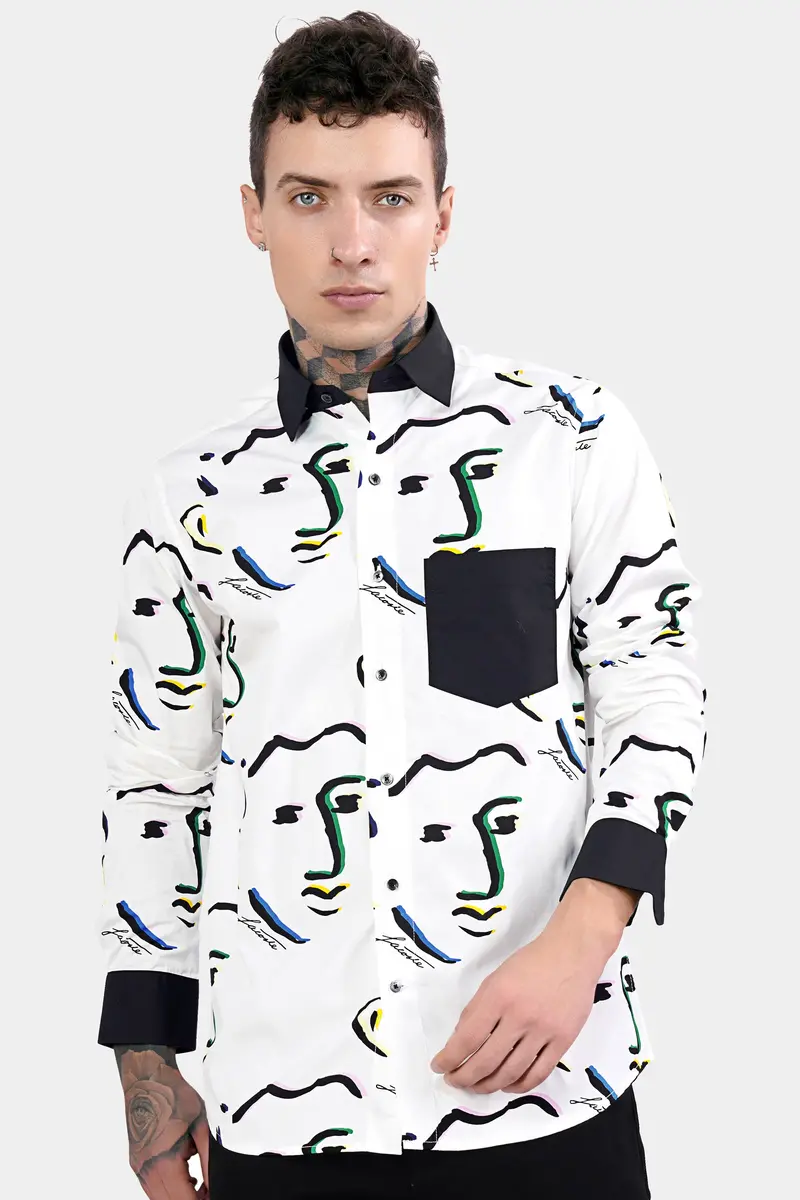 Bright White Faces Printed With Black Cuffs And Collar Premium Cotton Shirt 5