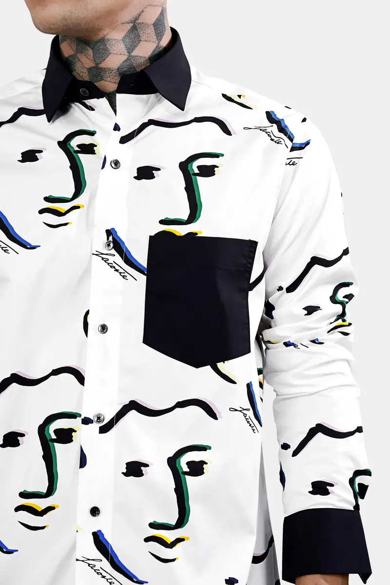 Bright White Faces Printed With Black Cuffs And Collar Premium Cotton Shirt 6