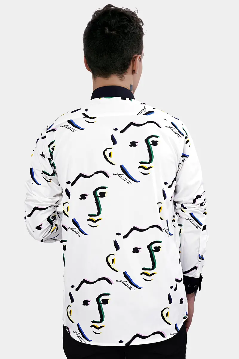 Bright White Faces Printed With Black Cuffs And Collar Premium Cotton Shirt 7
