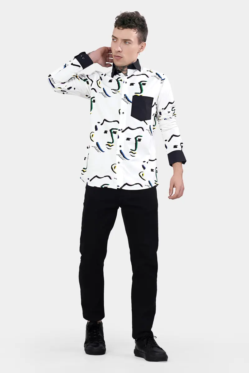Bright White Faces Printed With Black Cuffs And Collar Premium Cotton Shirt 8