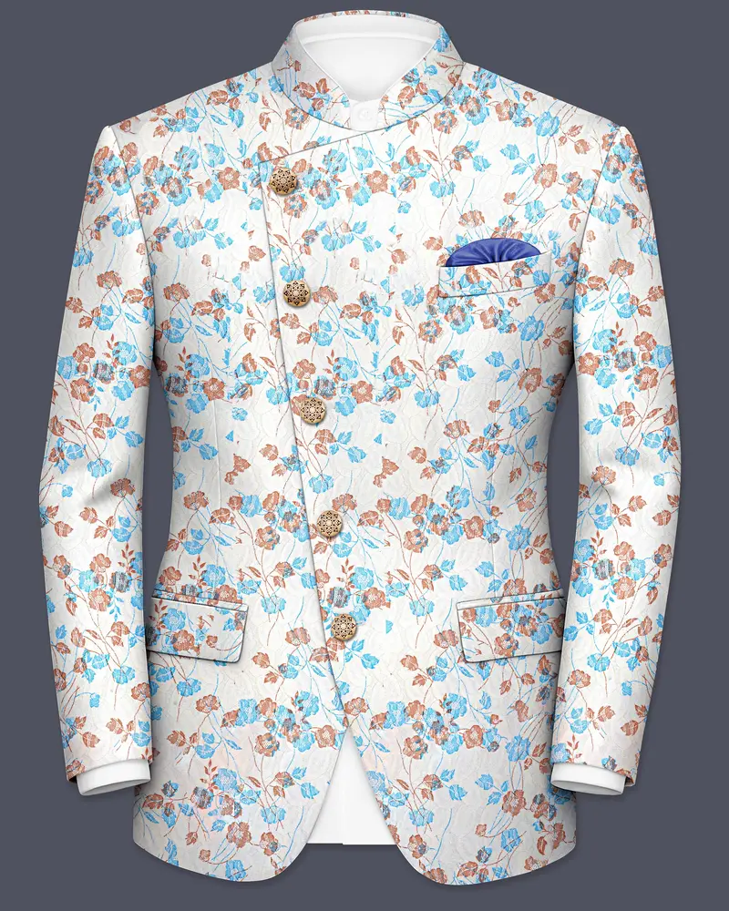 Bright White Floral And Leaves Textured Cross Placket Bandhgala Designer Blazer 1