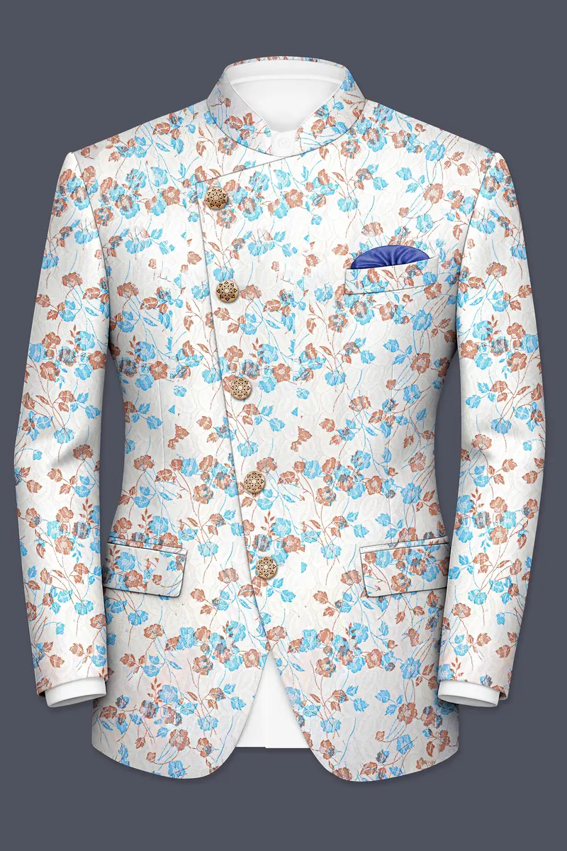Bright White Floral And Leaves Textured Cross Placket Bandhgala Designer Blazer 2