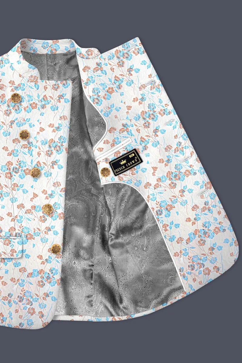Bright White Floral And Leaves Textured Cross Placket Bandhgala Designer Blazer 3