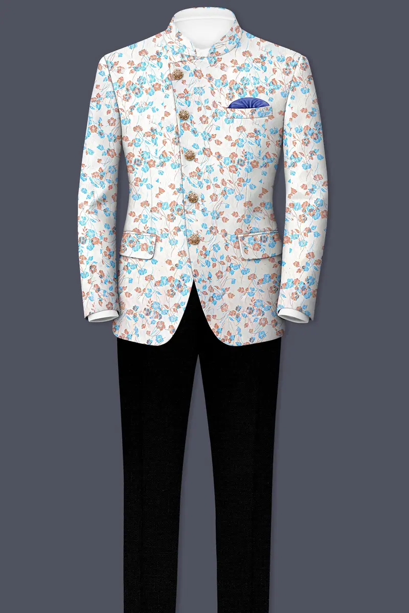 Bright White Floral And Leaves Textured Cross Placket Bandhgala Designer Blazer 6