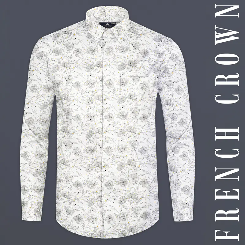 Bright White Floral Printed Subtle Sheen Super Soft Premium Cotton Shirt 1