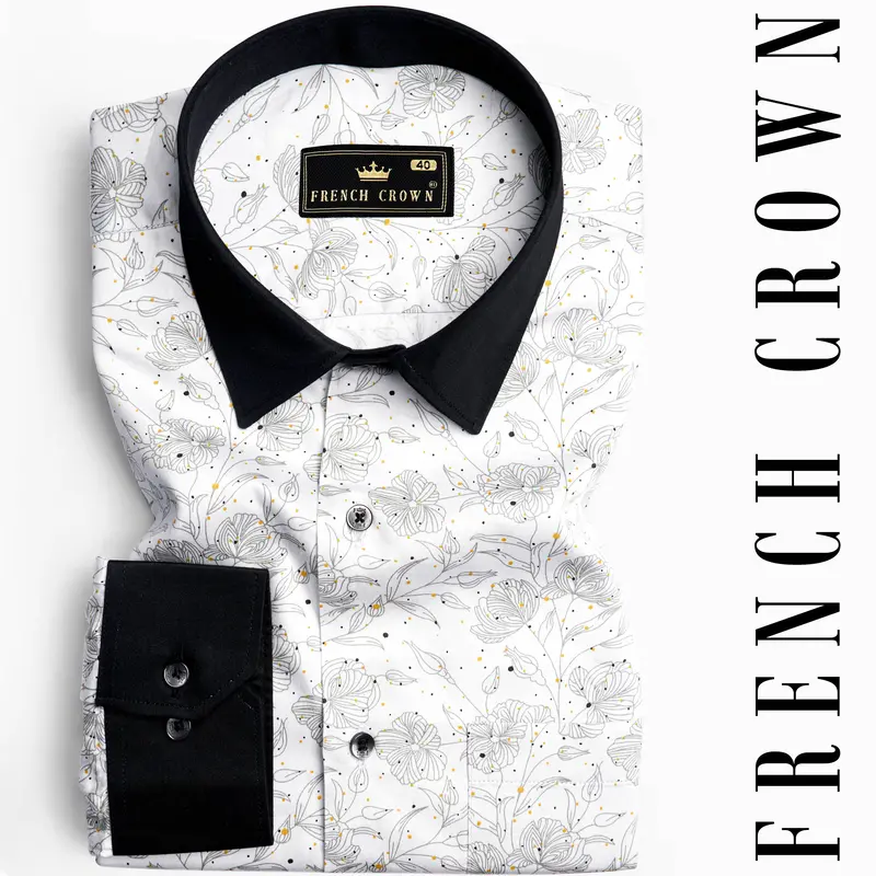 Bright White Floral Printed With Black Cuffs And Collar Super Soft Premium Cotton Shirt 1