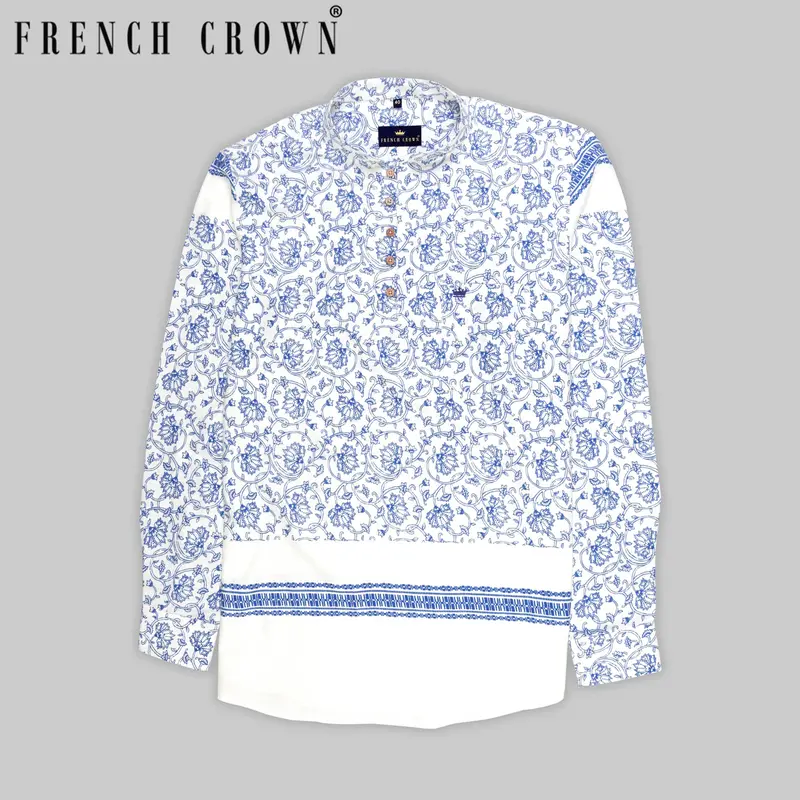 Bright White Flower Climbers Printed Premium Tencel Indian Kurta Style Shirt 1