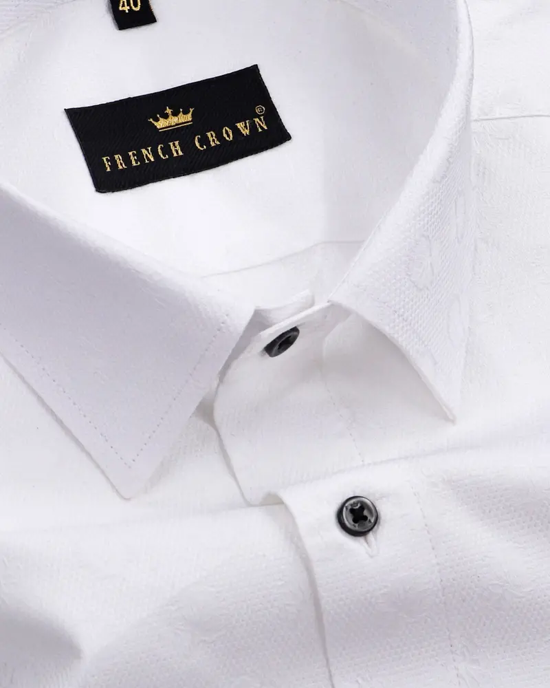 Bright White Flower Jacquard Textured Giza Cotton Shirt 1