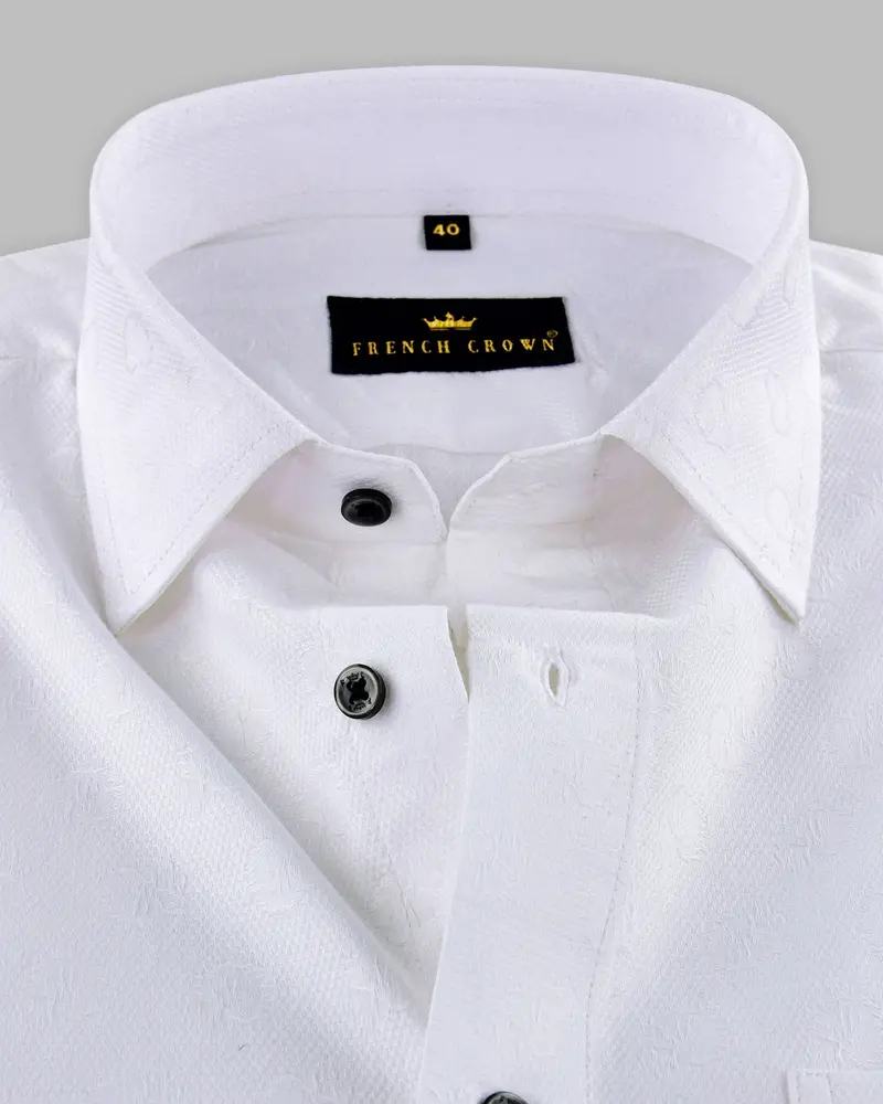 Bright White Flower Jacquard Textured Giza Cotton Shirt 3