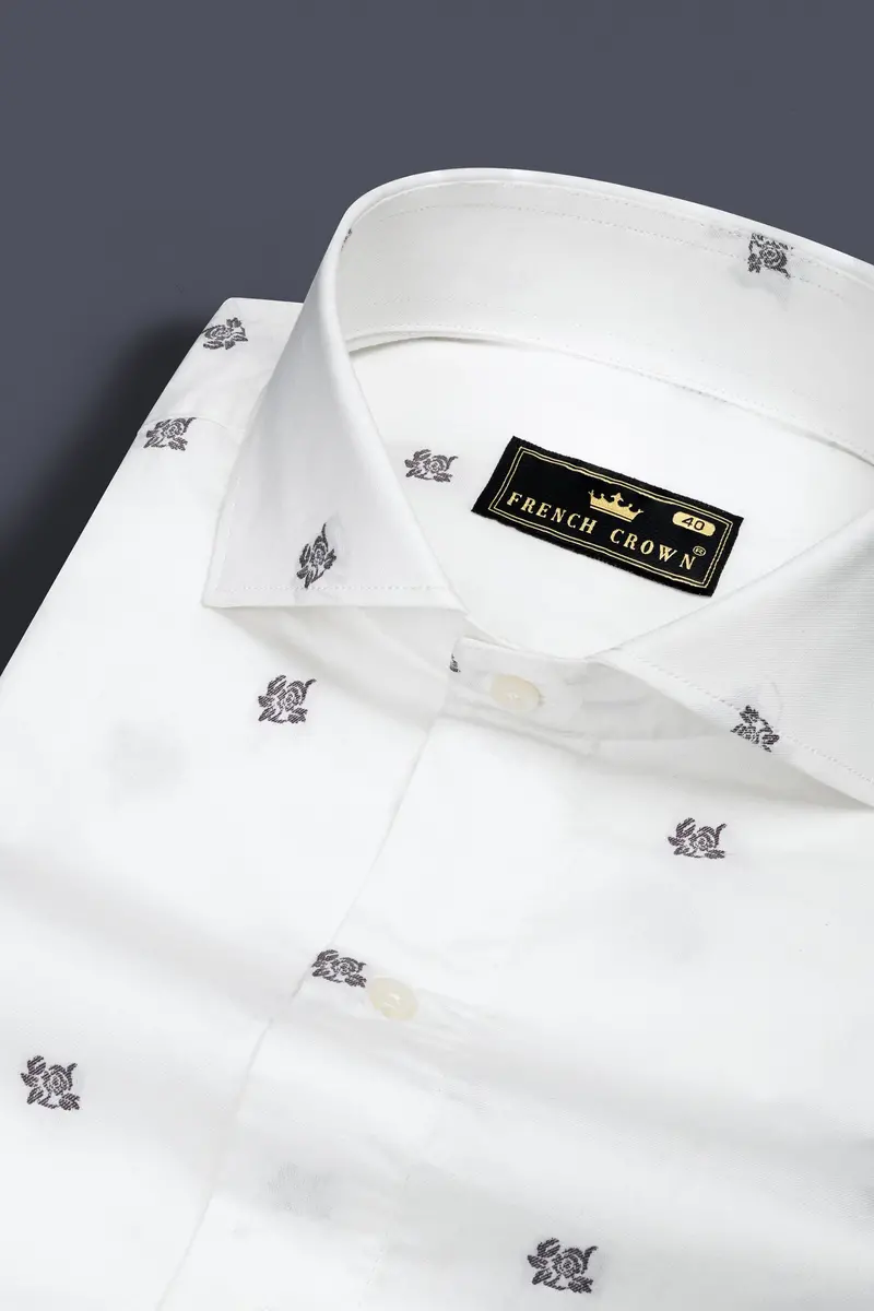 Bright White Flower Jacquard Textured Premium Giza Cotton Shirt 1