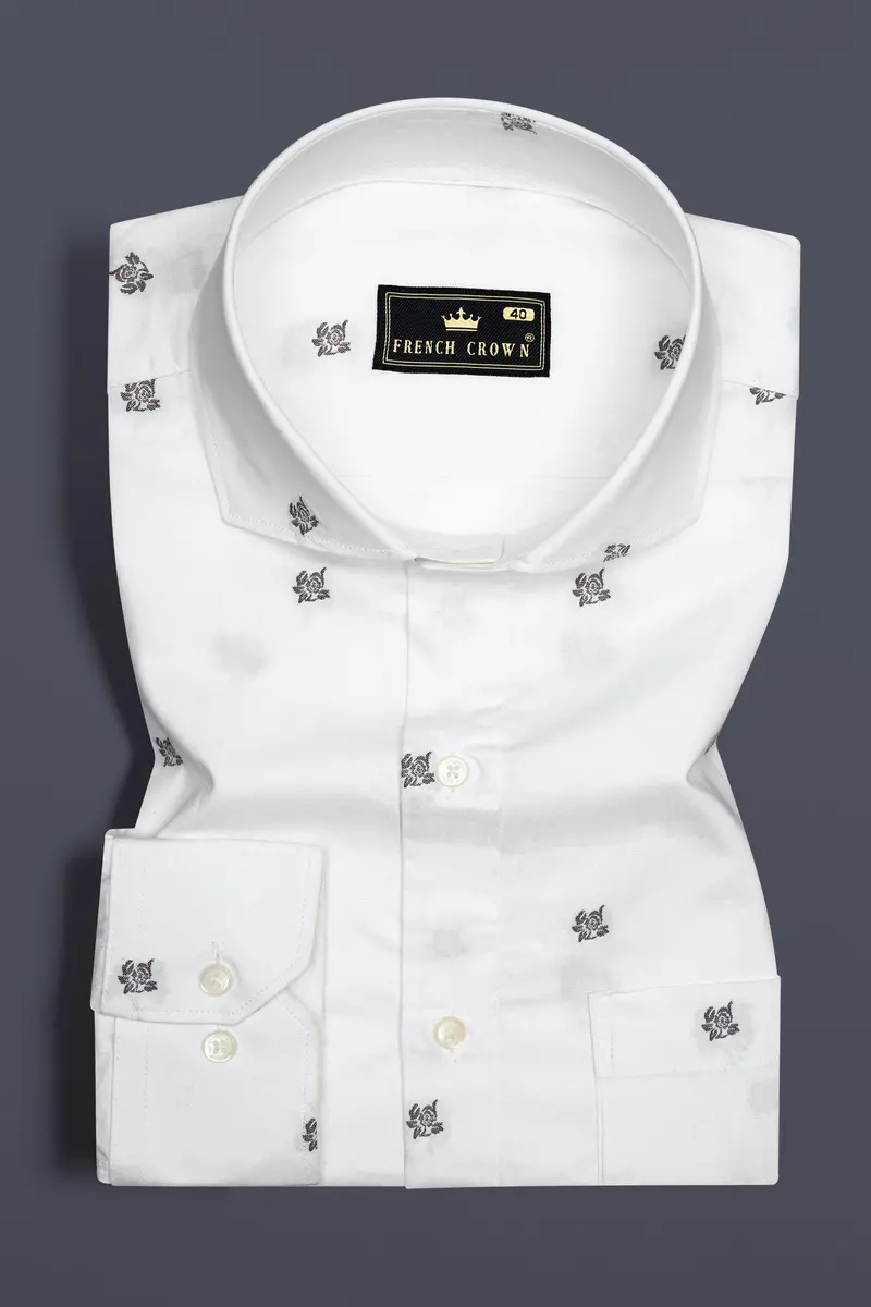 Bright White Flower Jacquard Textured Premium Giza Cotton Shirt 3
