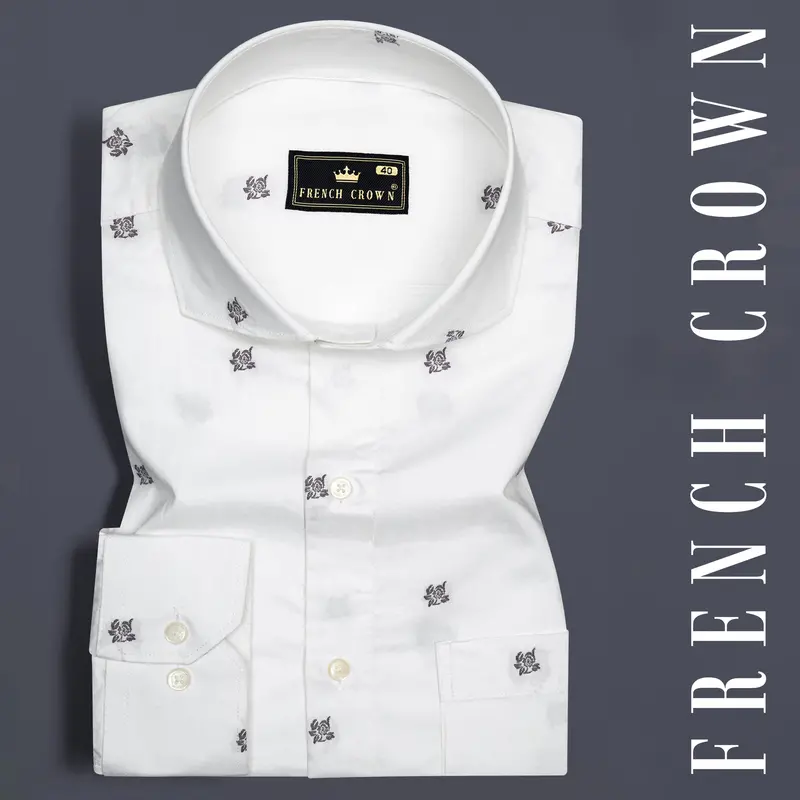 Bright White Flower Jacquard Textured Premium Giza Cotton Shirt 6