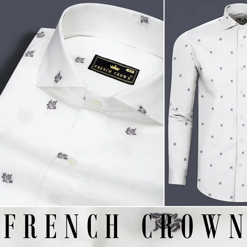 Bright White Flower Jacquard Textured Premium Giza Cotton Shirt 9