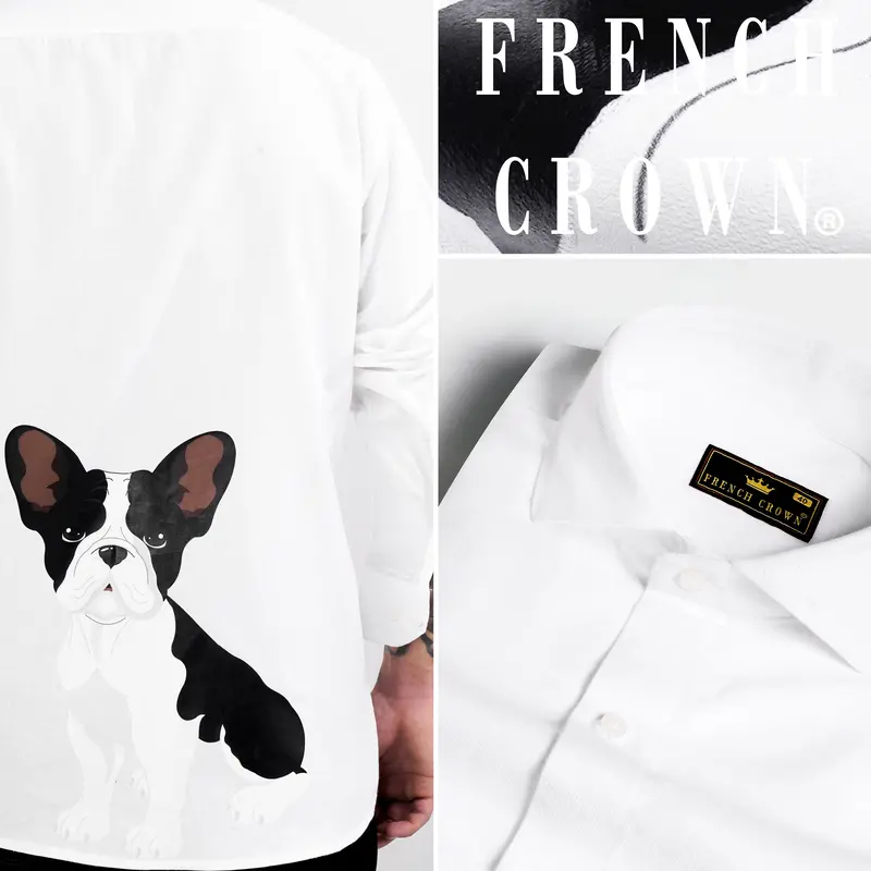 Bright White French Bulldog Printed Riyal Oxford Designer Shirt 1