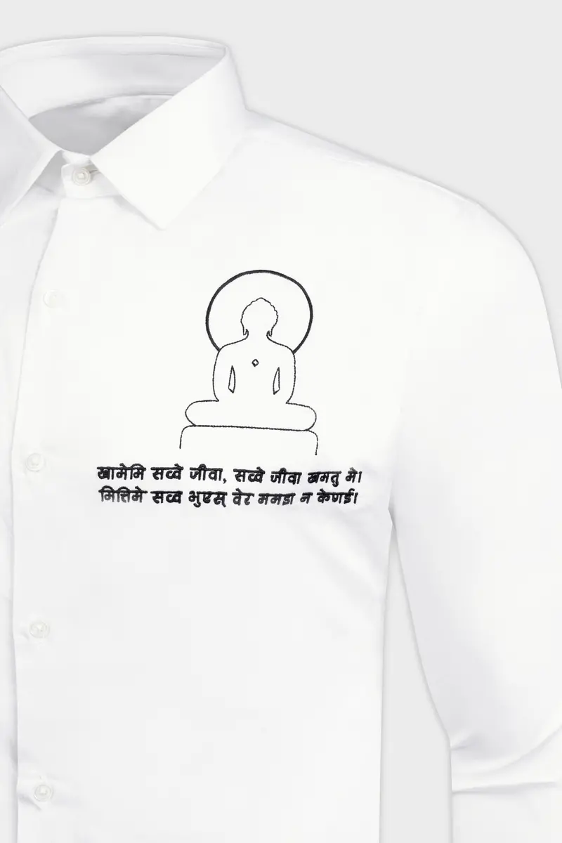 Bright White Gautam Budha Embroidered Subtle Sheen Super Super Soft Premium Cotton Designer Shirt 1
