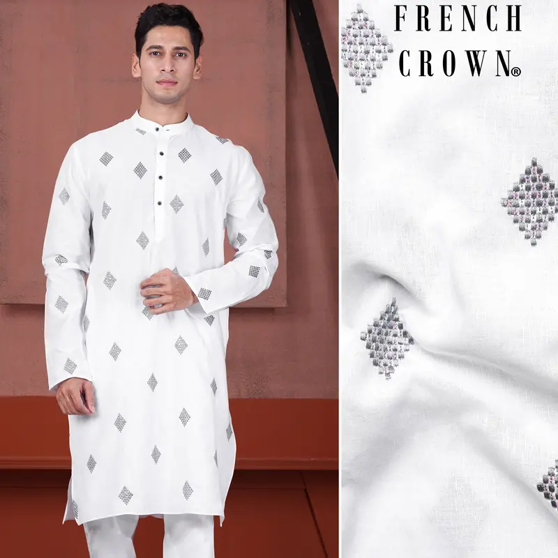 Bright White Geometric Embroidered Luxurious Linen Kurta 1