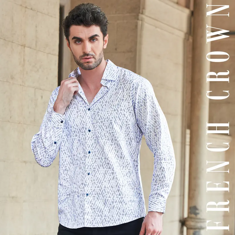 Bright White Geometric Pattern Printed Super Soft Premium Cotton Shirt 1