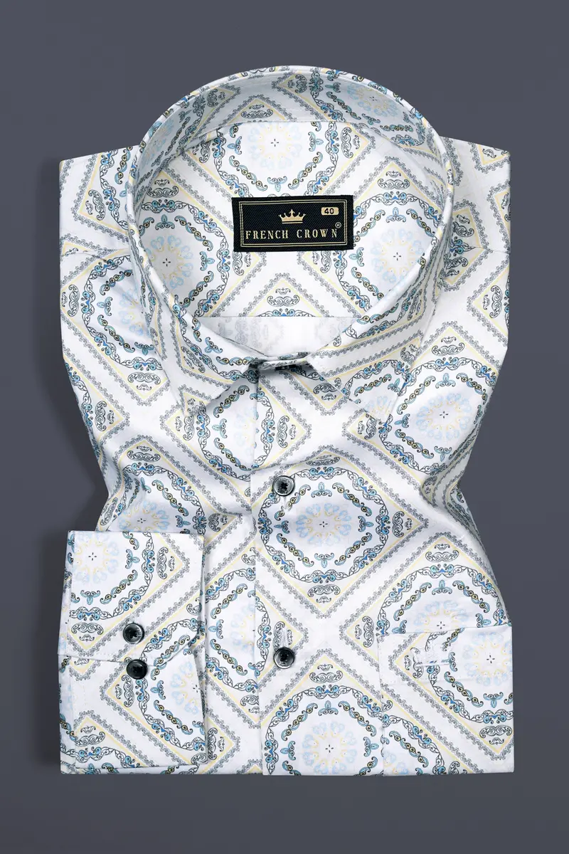 Bright White Geometric Printed Super Soft Premium Cotton Shirt 3