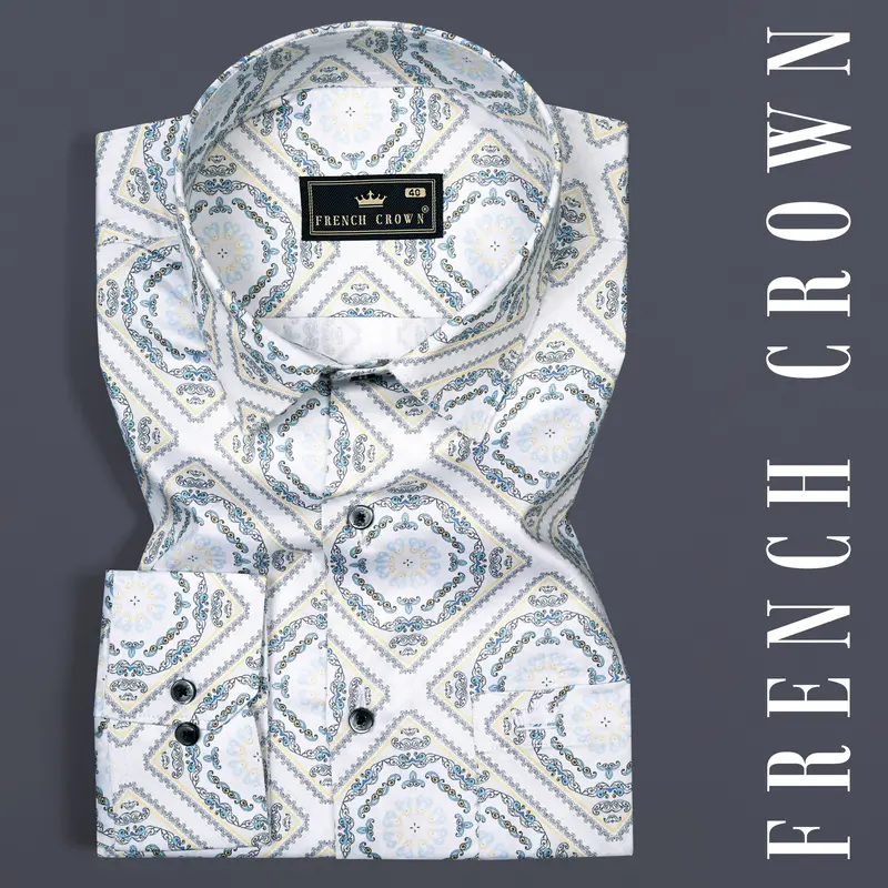 Bright White Geometric Printed Super Soft Premium Cotton Shirt 7