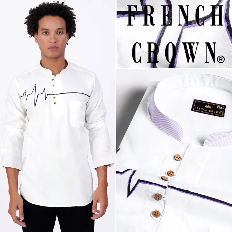 Bright White Hand Painted Royal Oxford Designer Kurta Shirt 1