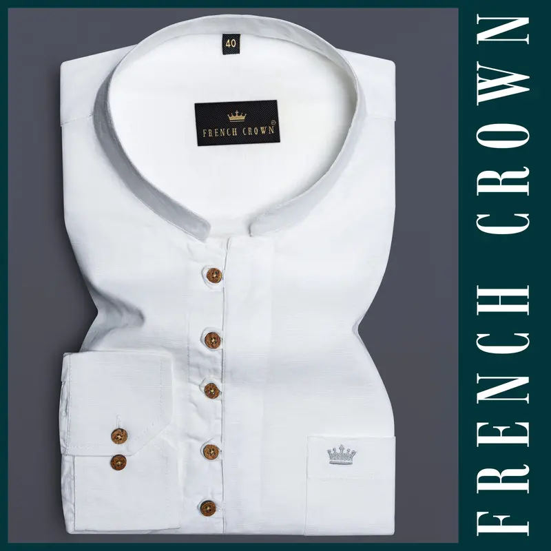 Bright White Indian Kurta Style Luxurious Linen Shirt 1