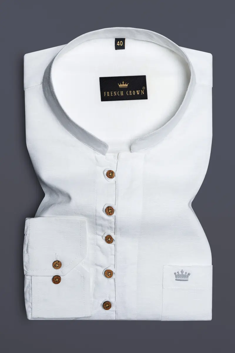 Bright White Indian Kurta Style Luxurious Linen Shirt 2