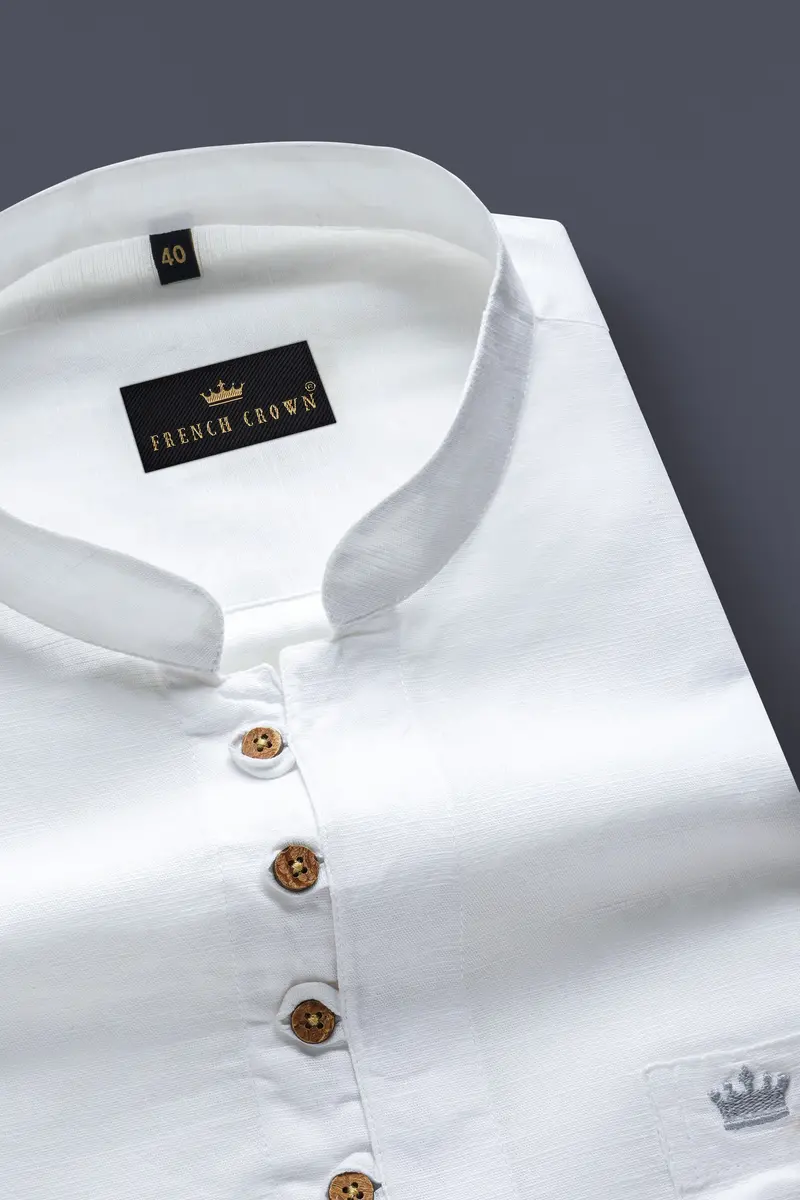 Bright White Indian Kurta Style Luxurious Linen Shirt 4