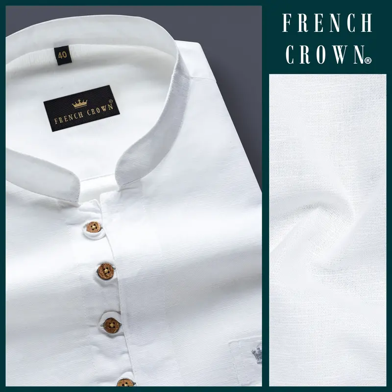 Bright White Indian Kurta Style Luxurious Linen Shirt 7