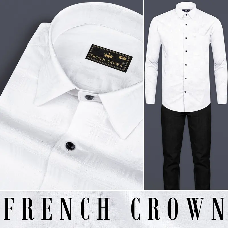 Bright White Jacquard Textured Luxurious Linen Shirt 10