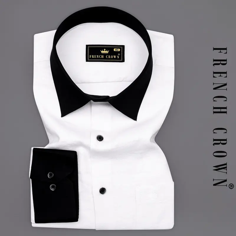 Bright White Jacquard Textured Premium Giza Cotton Shirt With Black Collar And Cuffs 1