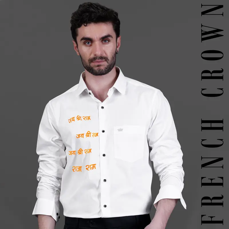 Bright White Jai Shree Ram Hand Painted Premium Cotton Designer Shirt 1
