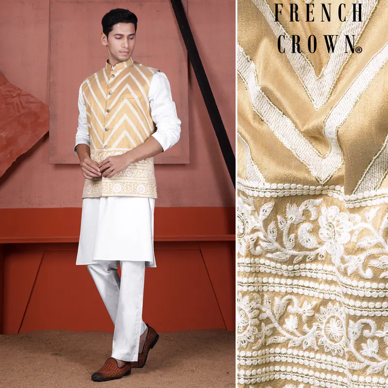 Bright White Kurta With Antique Brown And Merino Cream Zig Zag Cotton Thread Embroidered Designer Nehru Jacket 1