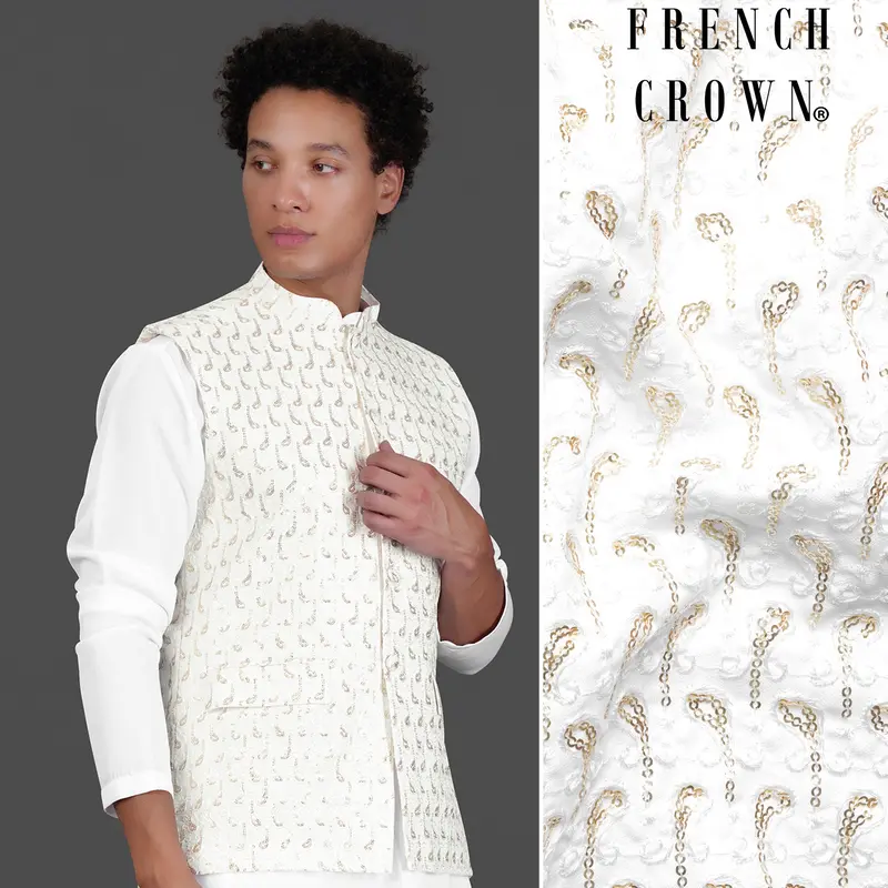 Bright White Leaves Pattern Sequin Embroidered Designer Viscose Nehru Jacket 1