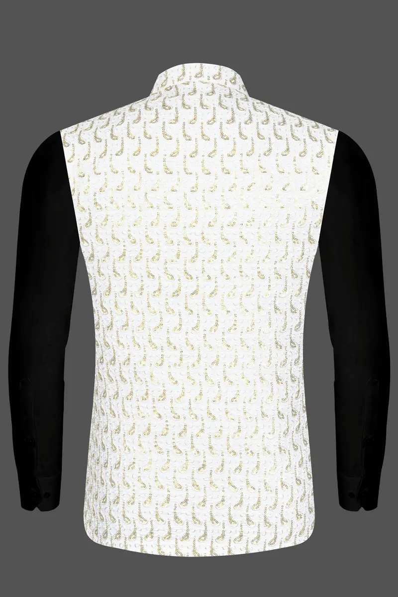 Bright White Leaves Pattern Sequin Embroidered Designer Viscose Nehru Jacket 11